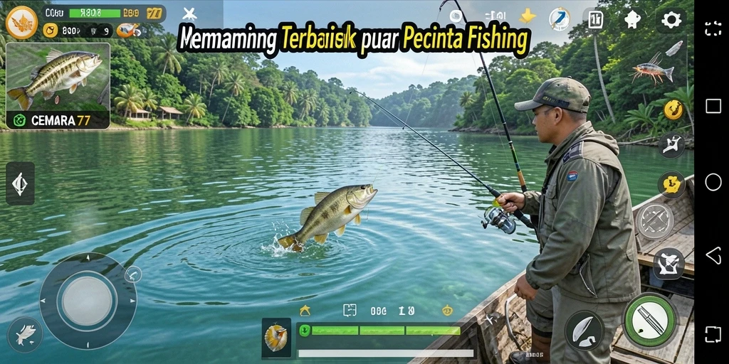 Tampilan utama gameplay CEMARA77 menampilkan keseruan memancing di berbagai lokasi.