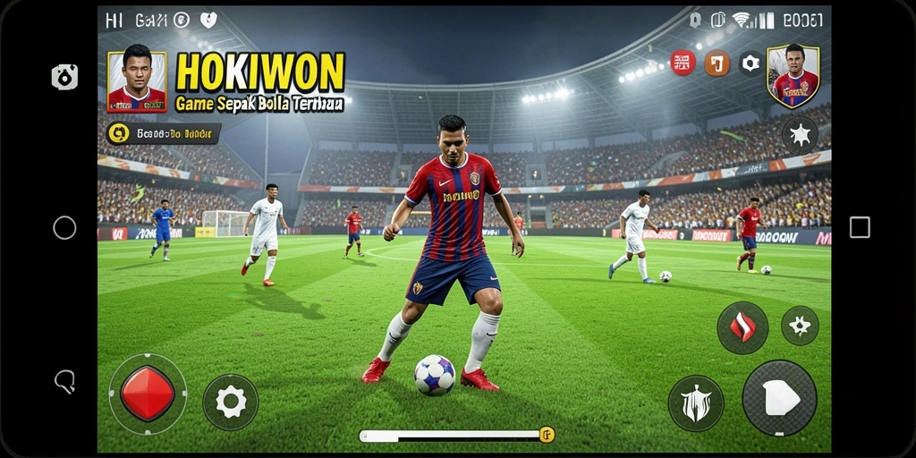 Tampilan gameplay HOKIWON yang mendebarkan di lapangan sepak bola.