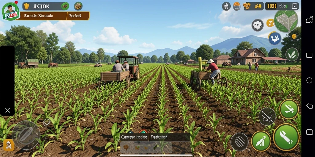 Tampilan gameplay JKTOK saat pemain merawat ladang pertanian.