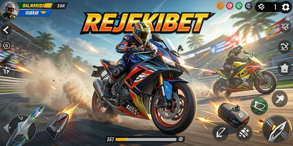 Gameplay REJEKIBET yang seru di trek balapan motor.