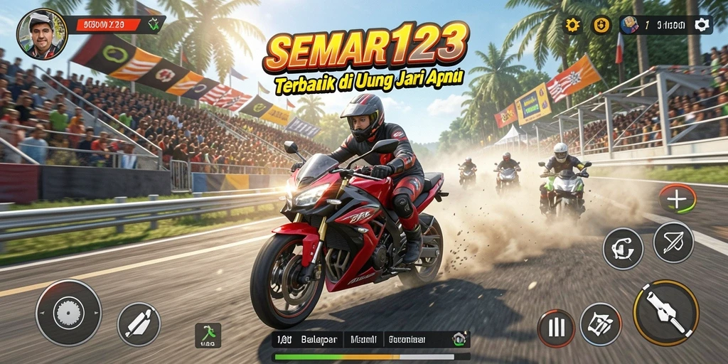 Tangkapan layar gameplay SEMAR123 menunjukkan aksi balapan motor yang mendebarkan.