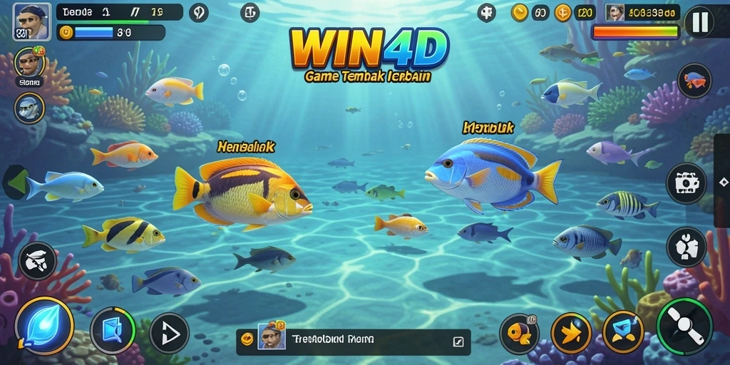 Screenshot WIN4D menampilkan aksi seru dalam menembak ikan.